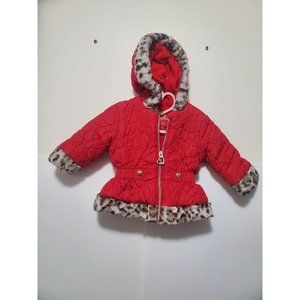 Pistachio Red Jacket Winter Coat with Leopard Faux Fur Trim Toddler Girl 12  Mon